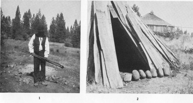 1. Handling hot cooking stones with the wooden tongs, Northern Miwok. 2. Entrance to the conical slab grinding house.