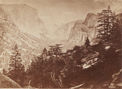 I. General View of the Yosemite Valley looking East from Komah, (Moon Rock) on the Mariposa Trail, 1,500 feet above the Valley. The prominent objects are El Capitan, the Half Dome, Cathedral Rocks, and Bridal Veil Fall.