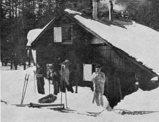 Skiers setting out from the Snow Creek Lodge in the 1930's. Ansel Adams