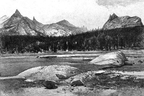 [Tuolumne Meadows, looking south. Unicorn Peak and Cathedral Peak.]