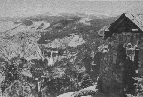 Exhibit and overlook at Glacier Point; Yosemite’s high Sierra, Nevada and Vernal Falls