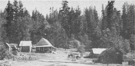 Former Gobin’s Hotel, building on left with porch, and Hurst’s Saloon, shake-roof beyond team. Road from lower left is the Old Big Oak Flat Road with the Coulterville Road cut-off running off lower right