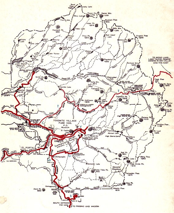 Yosemite National Park map of routes covered by this self-guiding auto tour