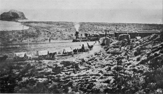 The first train to reach the Pacific after the continent had been spanned by rails in the days of the covered wagon