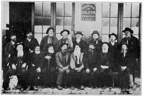 Re-union of old-timers at Hornitos. Front row, left to right: Ralph W. Barcroft, Al Sylvester, Sam Collier, Joseph 'Joe' Spagnoli, Nathaniel 'Nat' Bailey, Tom Thorn, Robert Arthur, and Tom 'Spanish Tom' Williams, rear row: Henry Nelson, Smith Thomas, John Branson, William Dennis, Ben A. Shepard, G. Gagliardo, Jim D. Craighan, Moses L. Rodgers