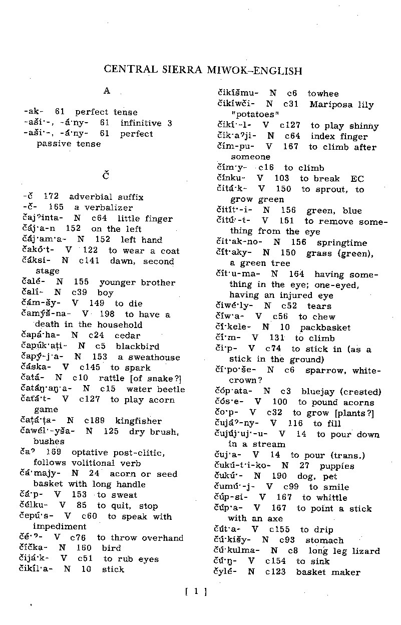 Central Sierra Miwok—English Dictionary: A, Č (Page 01)