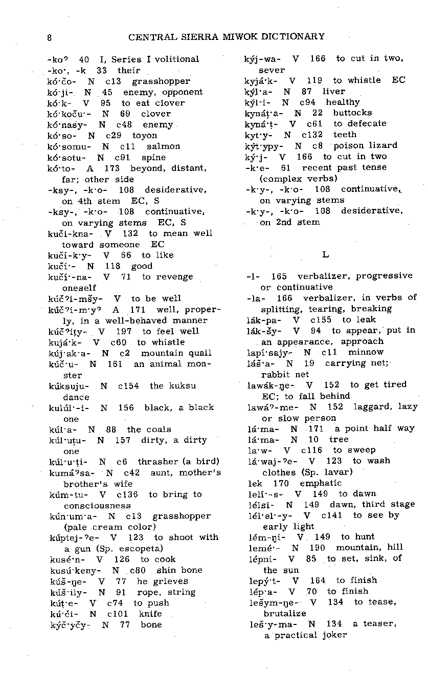 Central Sierra Miwok—English Dictionary: K, L (Page 08)