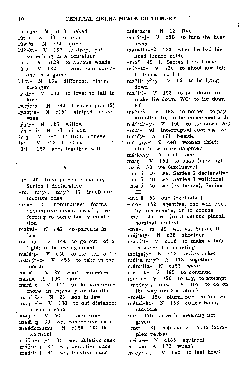 Central Sierra Miwok—English Dictionary: L, M (Page 10)