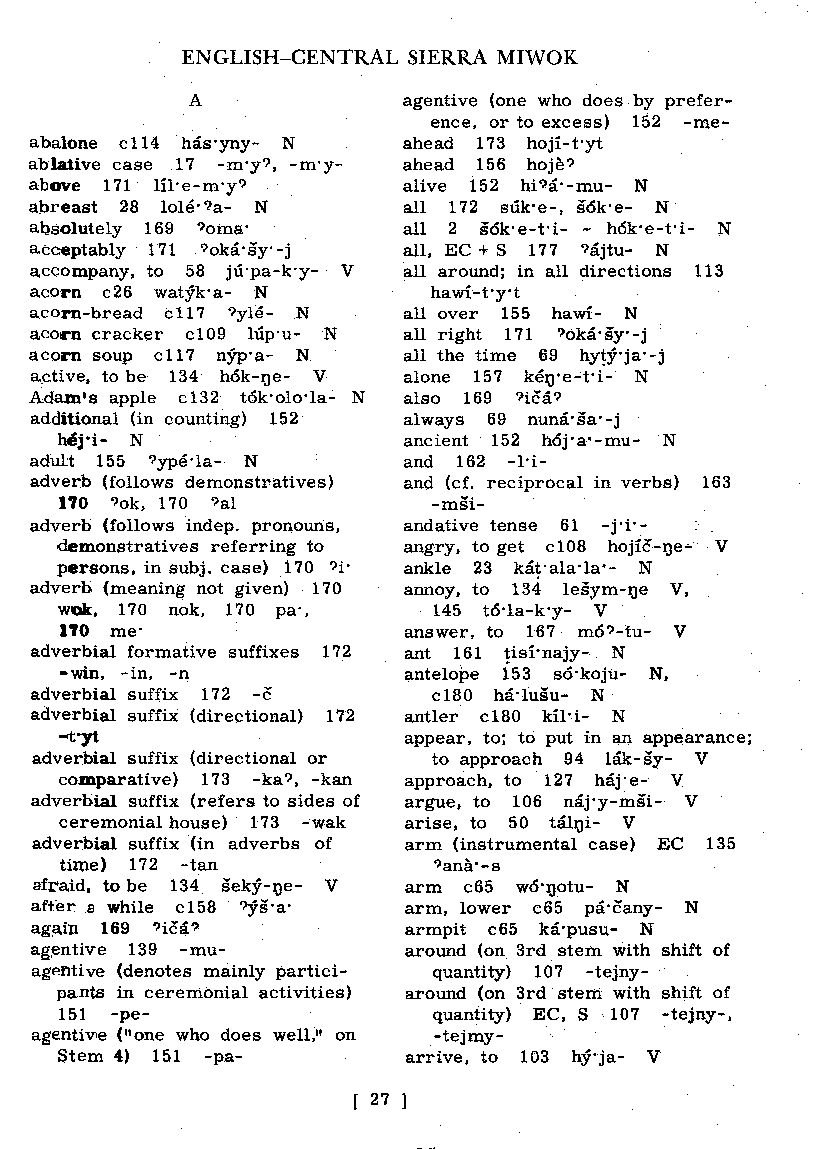 English—Central Sierra Miwok Dictionary: A (Page 27)