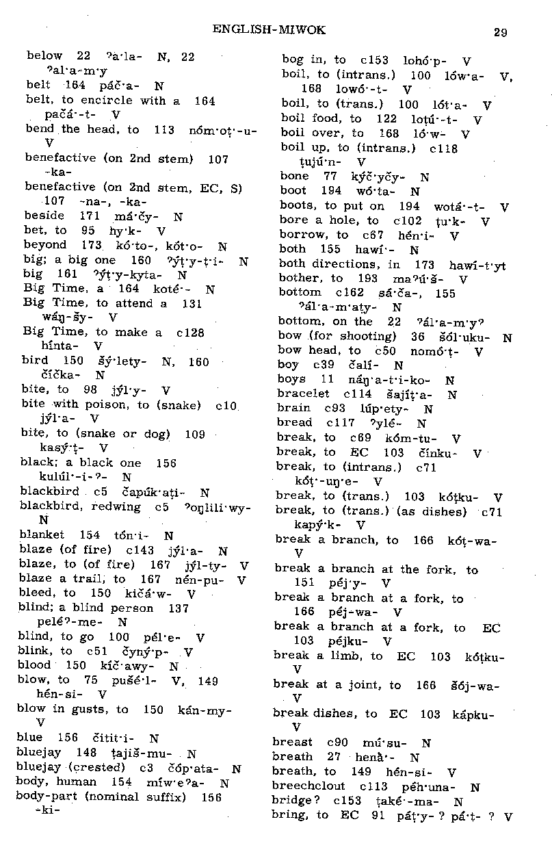 English—Central Sierra Miwok Dictionary: B (Page 29)