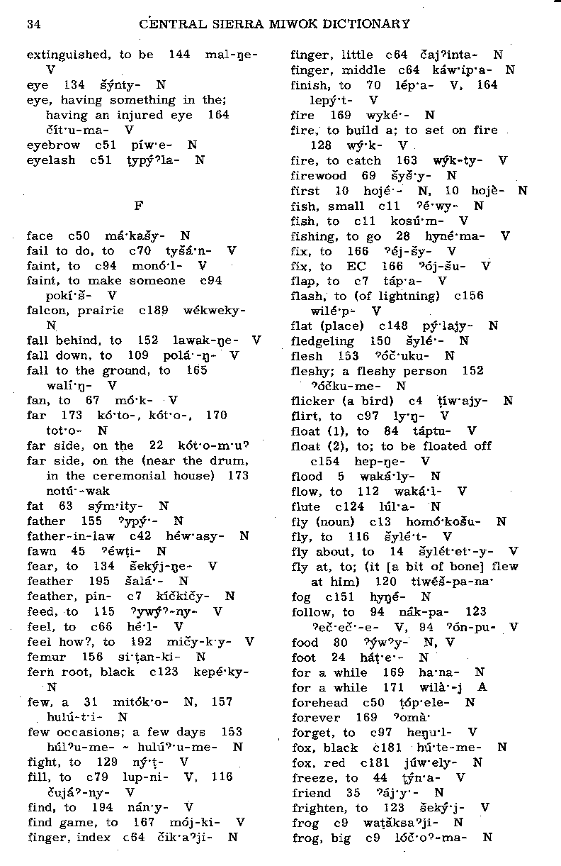 English—Central Sierra Miwok Dictionary: E, F (Page 34)