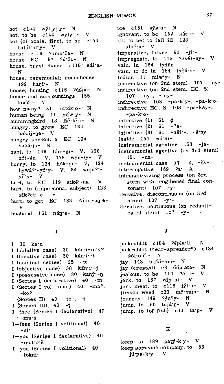 English—Central Sierra Miwok Dictionary: H, I, J, K (Page 37)