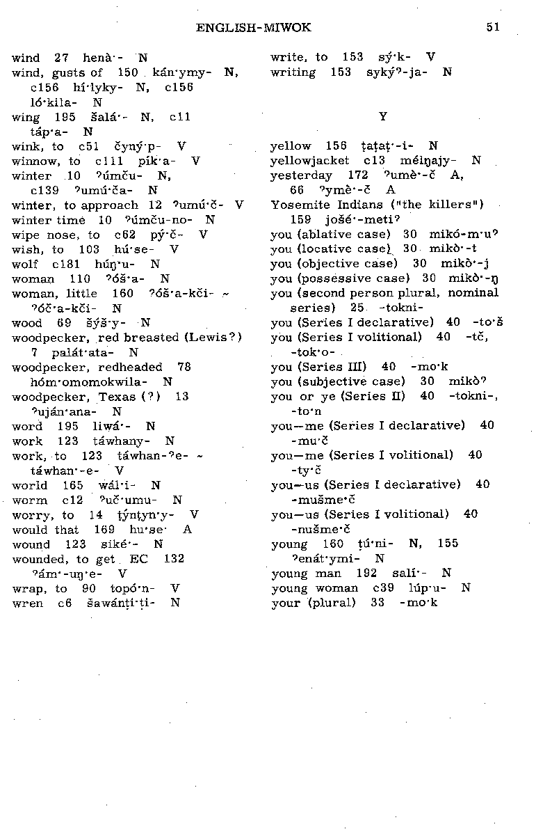 English—Central Sierra Miwok Dictionary: W, Y (Page 51)