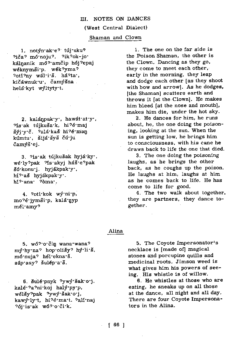Texts: III. Notes on dances: Shaman and Clown, Alina (Page 66)