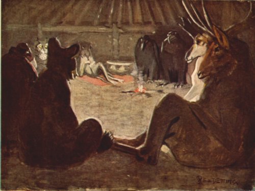 Tol'-le-loo the Mouse playing his flute and putting the Valley People to sleep so he can steal the Fire