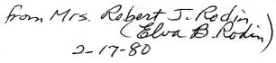from Mrs. Robert J. Rodin (Elva B. Rodin) 2-17-80