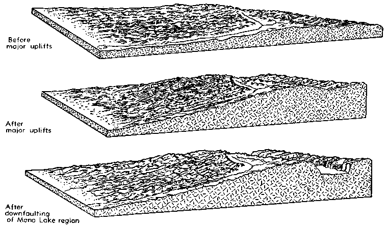Diagrammatic cross-section of the Sierran block showing rise of the Sierra Nevada and downfaulting of the Mono Lake region.