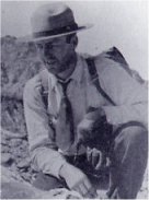 Ed Beatty in Oct. 1933 at Lyell Glacier in Yosemite, with an ancient bighorn sheep