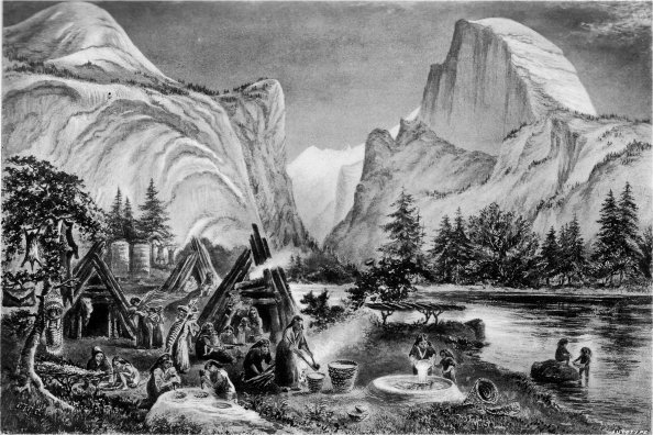 Indian camp beside the Merced River. North and South Domes.