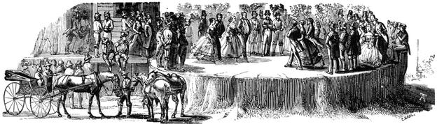 A cotillion party of thirty-two persons dancing on the stump of the Mammoth Tree.
