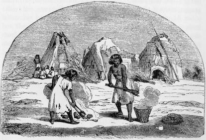 Indians preparing and cooking their acorn bread.