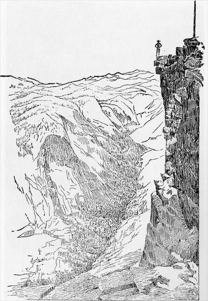 Anderson on precipice of Half Dome—5,000 feet. (Looking East up Ten-ie-ya Cañon.)
