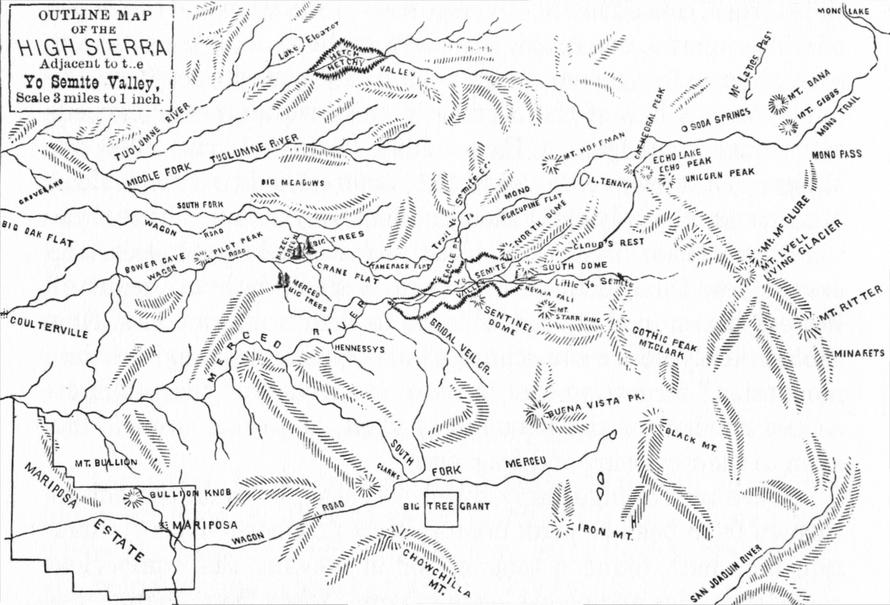 Outline map of the High Sierra adjacent to the Yo Semite Valley, scale 3 miles to 1 inch.