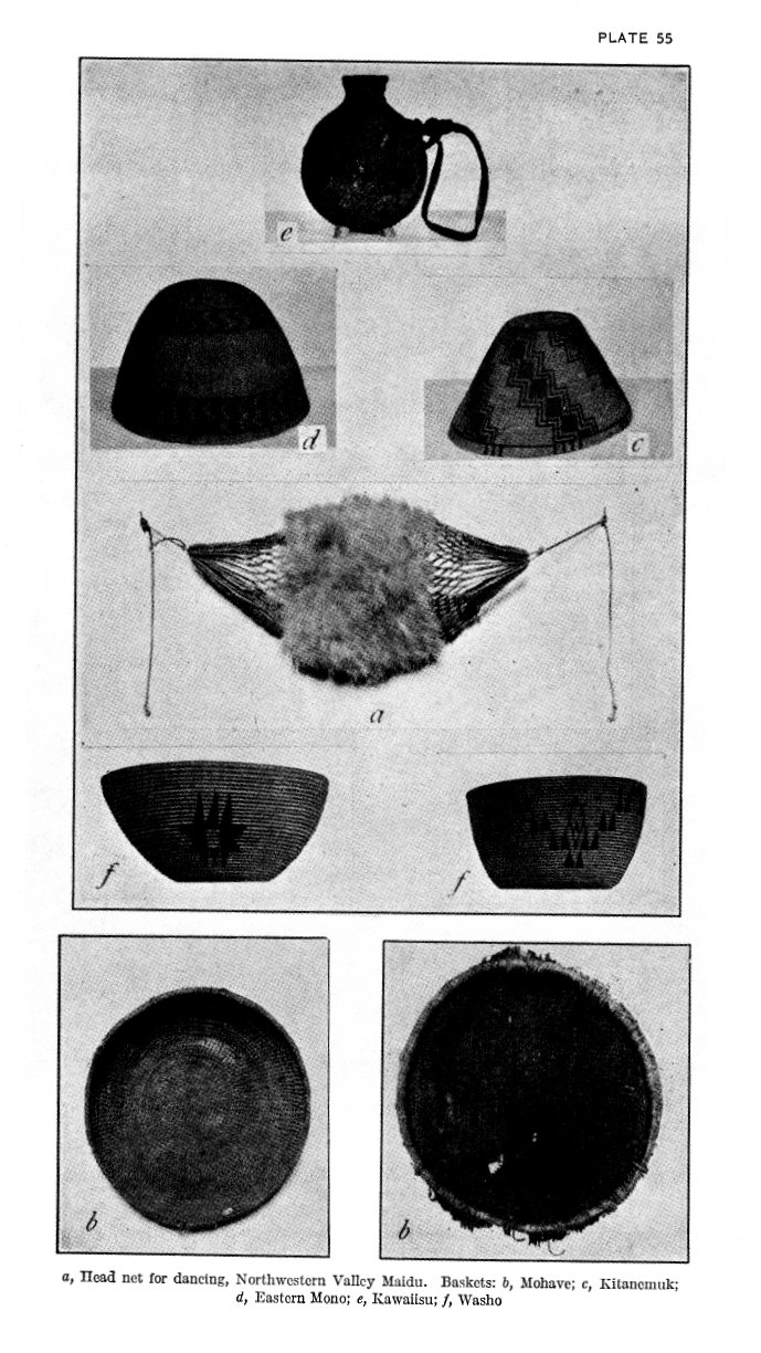 Plate 55: a Head net for dancing, Northwestern Valley Maidu. Baskets: b, Mohave; c, Kitanemuk; d, Eastern Mono; e, Kawaiisu; f, Washo