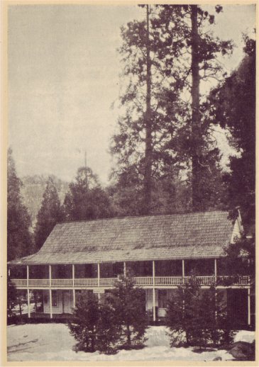 Cedar Cottage, in Old Yosemite Village, the first permanent structure in Yosemite, is known for its Big Tree Room. PHOTO BY GEO. E. STONE