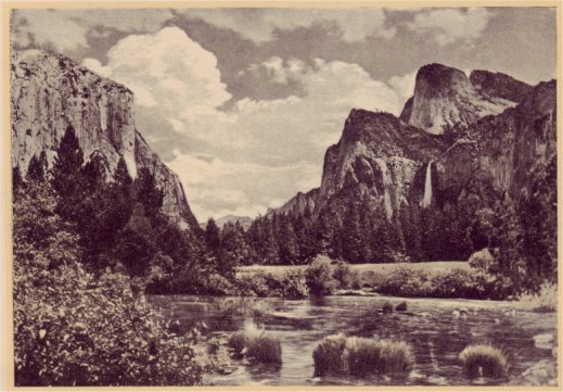 The gates of Yosemite Valley, El Capitan towering 3,604 feet above the Valley, on the left; Bridal Veil Falls on the right. PHOTO BY CAMP CURRY STUDIO