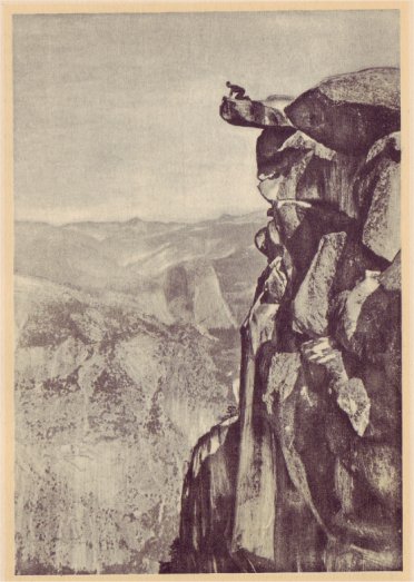 Overhanging Rock, at Glacier Point, from which it is a sheer drop of 3,200 feet to Camp Curry in Yosemite Valley. PHOTO BY DE COU