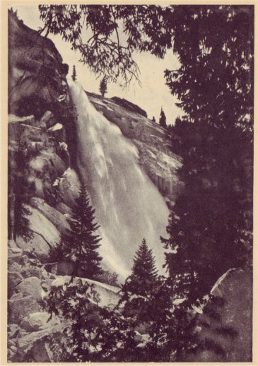 Nevada Falls, as seen from the Trail, through a frame of oaks, pines and maples. PHOTO BY GEO. E. STONE