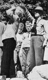 Harry Parker leading an early morning bird walk, Yosemite, 1946