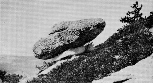 The “erratic” boulder of Cathedral granite on its pedestal. The rock is 12 feet long and 5 feet high. It attests a much earlier and higher ice flood than the morainal embankments farther down.