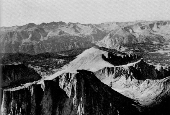 Aerial view of Mount Whitney and Mount Young with the Kaweah Peaks beyond Kern Canyon. By Roy Curtis. Reno, Nevada