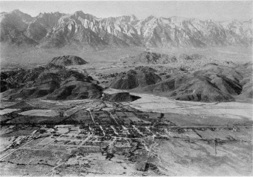 Aerial view of the Muir Crest. Lone Pine and the Alabama Hills in the foreground. By Roy Curtis, Reno, Nevada