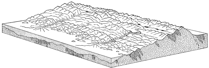Figure 12.—Idealized representation of a portion of the tilted Sierra block, showing the “roots” of the ancestral Sierras penetrating deep into the granite; also longitudinal crests and valleys. Vertical scale exaggerated