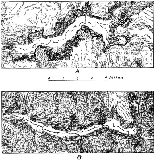 Figure 3.—Hachure maps of Yosemite Valley (A) and Kings River Canyon (B), permitting a direct comparison of their main features (same scale).