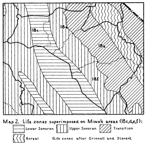Map 2. Life zones superimposed on Miwok areas (18c, d, e, f)