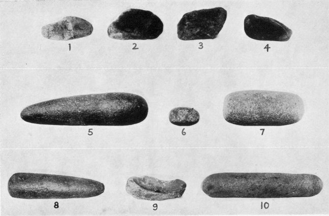 1-4. Cooking stones. 5. Stone pestle. 6. Stone acorn cracker. 7. Stone pestle. 8. Stone pestle. 9. Steatite dish. 10. Cylindrical stone pestle.