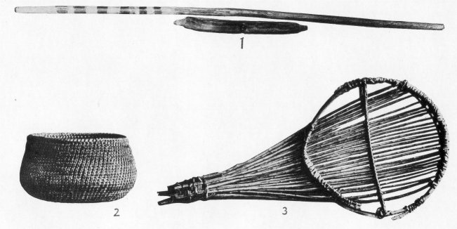 1. Fire drill. 2. Coiled basket. 3. Seed beater.