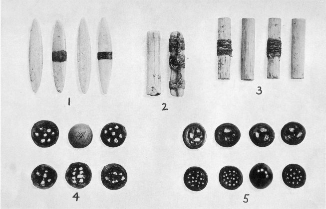 1-3. Gambling bones. 4-5. Gambling dice.
