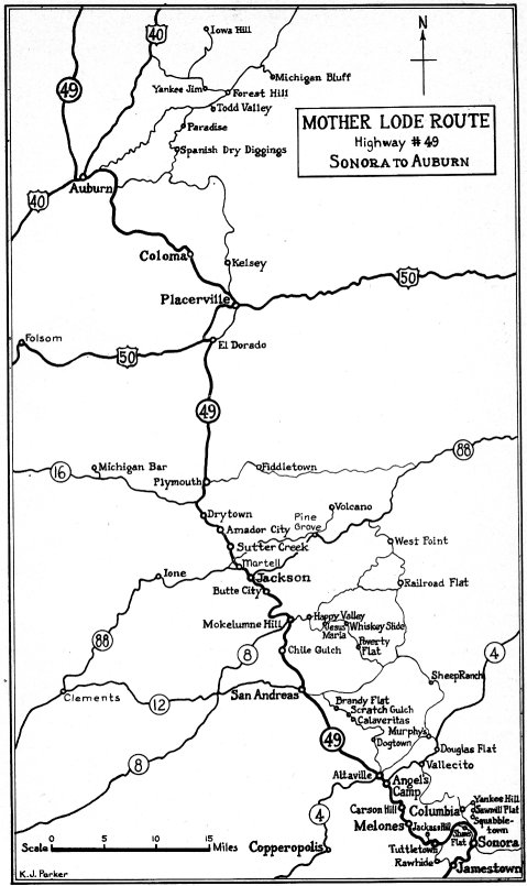 Map: Mother Lode Route Highway #49 Central: Sonora to Auburn, California