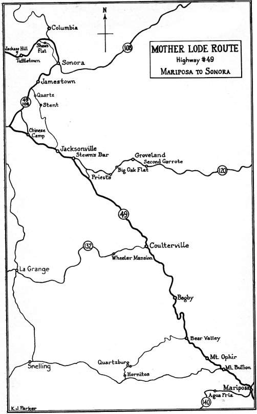 Map: Mother Lode Route Highway #49 South: Mariposa to Sonora, California