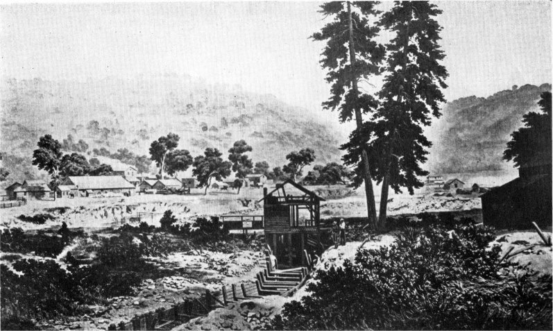 Sutter's Mill, Coloma. ''Where it began'', January 24, 1848. Copy of Nahl painting in State Library, Sacramento.	McCurry Photo