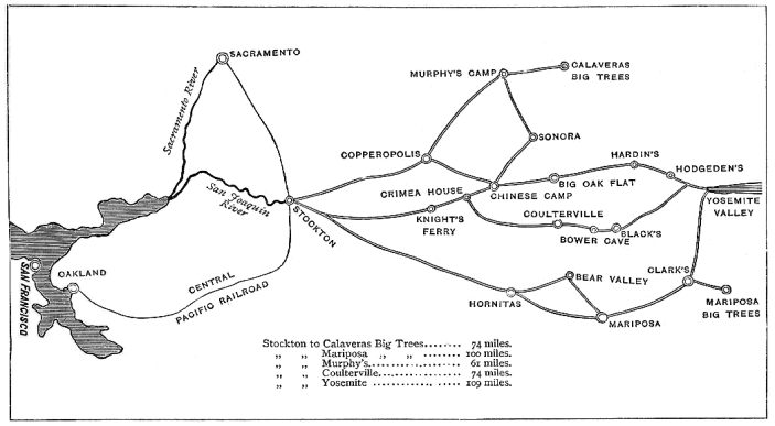 Outline map of routes to Yosemite and the mammoth tree groves.