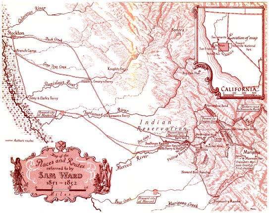 Map of the Places and Routes referred to by Sam Ward 1851 - 1852