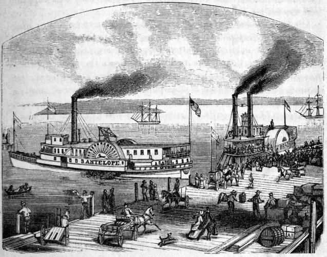 STEAMBOATS LEAVING THE WHARF—THE ANTELOPE FOR SACRAMENTO, AND THE BRAGDON FOR STOCKTON.
