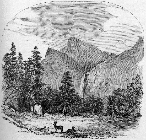 DISTANT VIEW OF THE “POHONO,” OR BRIDAL VEIL WATERFALL. From a Photograph by C. L. Weed.