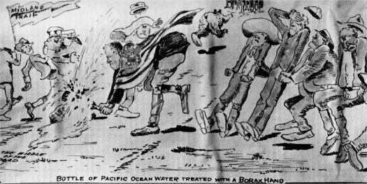 “FIRST” DEDICATION OF TIOGA ROAD - Stephen Mather is shown breaking the christening bottle on the $15,000 rock representing the purchase price of the road. Those shown were at the dedication: l. to r. - Clyde Seavy, California State Board of Control; Horace Albright, assistant to Stephen Mather; W. Gillette Scott, Inyo County auto enthusiast and road promoter; E. O. McCormick, Southern Pacific Railroad; Mather; Congressman F. H. Gillett; Chief Geographer Robert B. Marshall, U. S. Geological Survey; Dr. Guy P. Doyle, Bishop; Dr. J. S. McQueen, Inyo County; Dr. Henry Fairfield Osborn, American Museum of Natural History; Dr. S. E. Simmons, Sacramento.